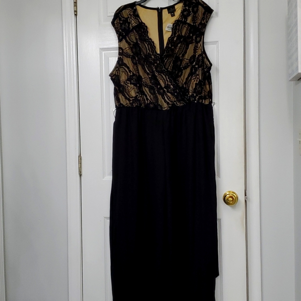 Black dressy jumpsuit with lace & nude underlay fabric top - ties at  wa…